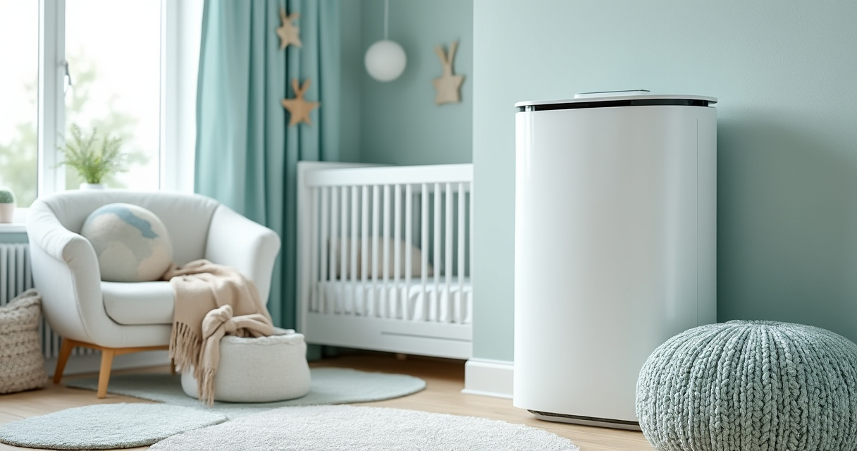 Luftreiniger im Babyzimmer neben dem Gitterbett