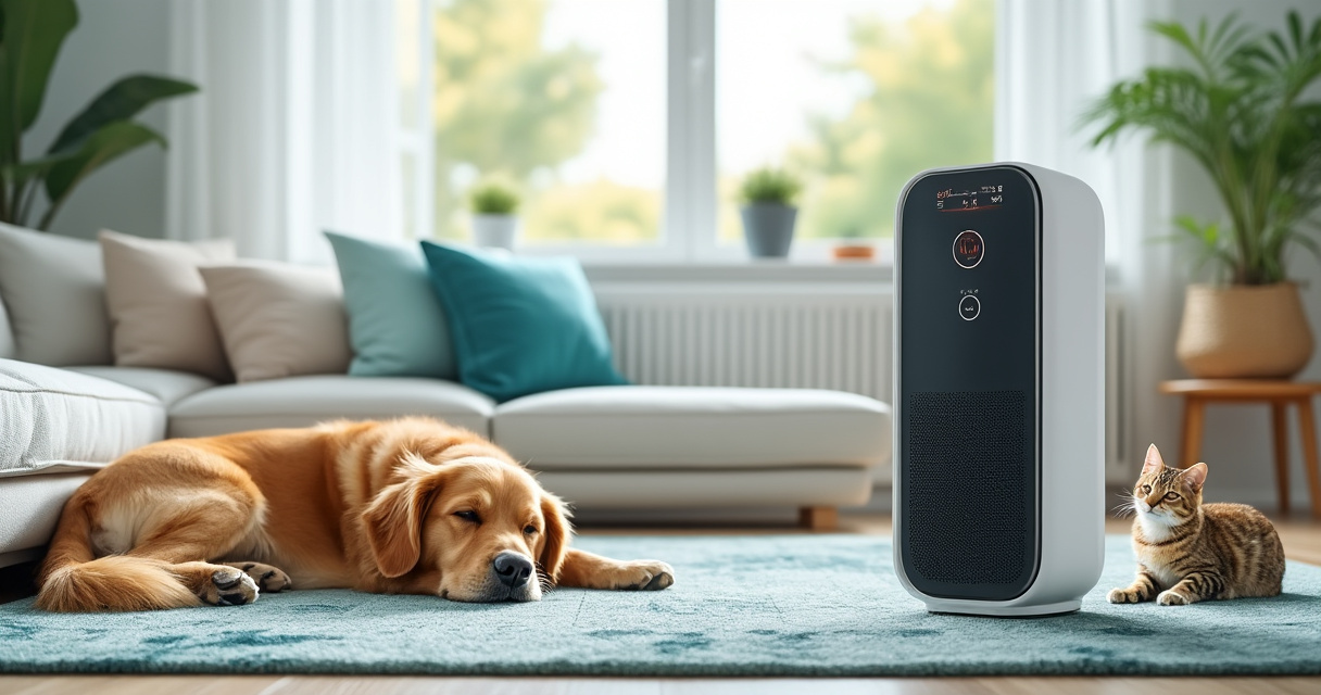 Luftreiniger im Wohnzimmer mit Hund und Katze
